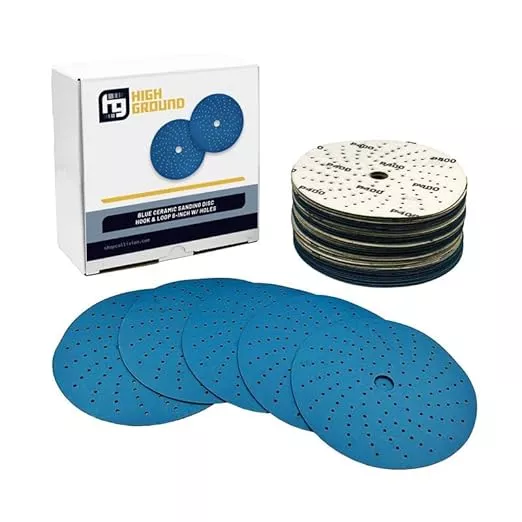 High Ground 6 Inch Multi-Hole Hook and Loop Clean Sanding Disc, Ceramic Abrasive, Dust-Free, High Performance, Long Lasting - 50pcs (Blue, 6 Inch, 180.0, Very Fine)