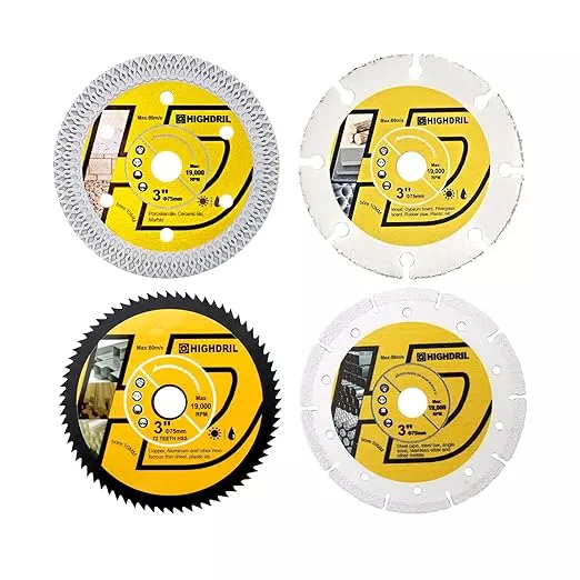 HIGHDRIL 3" 75mm Circular Saw Blade Set 4pcs - Diamond/HSS/Carbide Cutting Disc for Angle Grinder Cutting Soft Metal Copper Aluminum Granite Tile Marble Granite Plastic Wood Glass