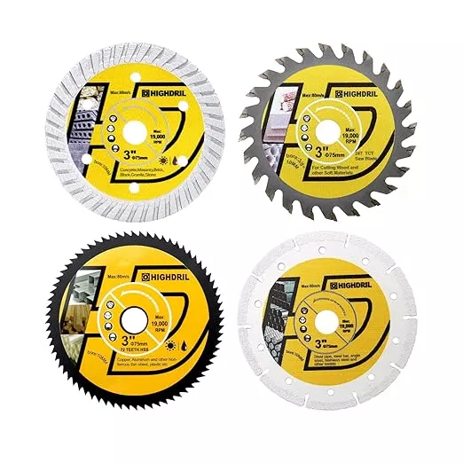 HIGHDRIL 3" 75mm Circular Saw Blade Set 4pcs - Diamond/HSS/TCT Cutting Disc for Angle Grinder Cutting Soft Metal Copper Aluminum Granite Tile Plastic Wood