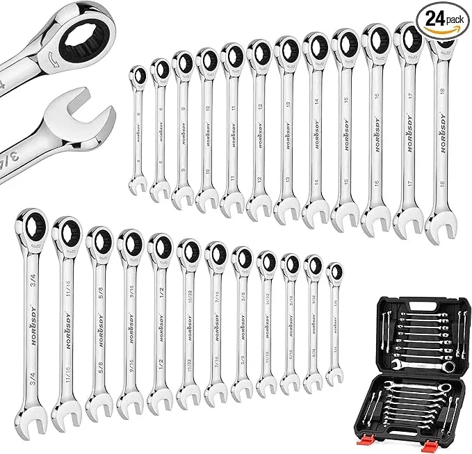 HORUSDY 24-Piece Ratcheting Wrench Set | Metric and SAE | Ratchet Combination Wrenches Set with Organizer | 72-Teeth | Chrome Vanadium Steel | 8-19 mm & 1/4” to 7/8“