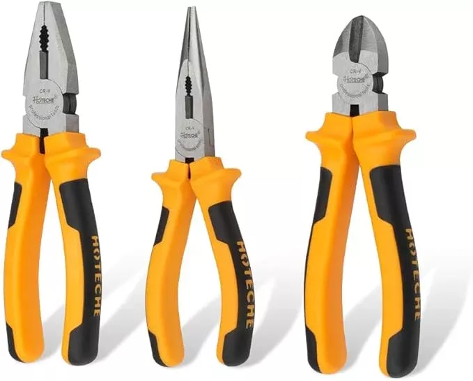 HOTECHE 3 Piece Plier Set - Professional Grade Carbon Steel Pliers for Electricians & Mechanics (6" Diagonal Cutter, 7" Combination, 6" Long Nose) with PVC Grips - Heavy Duty Rust-Resistant