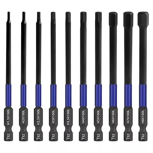 HPHOPE 10pcs Metric Hex Bit Set, 100mm, TS2 Alloy Steel, Magnetic Impact Bits, Storage Box