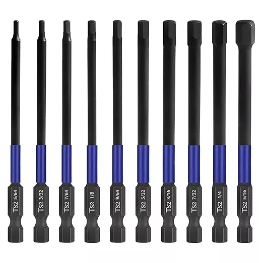 HPHOPE Impact Hex Head Allen Wrench Drill Bit Set 10 Pcs - SAE, TS2 Steel Hex Bits Set, 1/4” Hex Shank with Magnetism, 100mm Long with Storage Box.
