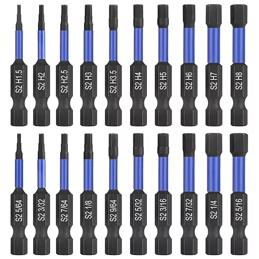 HPHOPE Impact Hex Head Allen Wrench Drill Bit Set 20 Pcs - Metric&SAE, S2 Steel Hex Bits Set, 1/4” Hex Shank with Magnetism, 50mm Long with Storage Box.