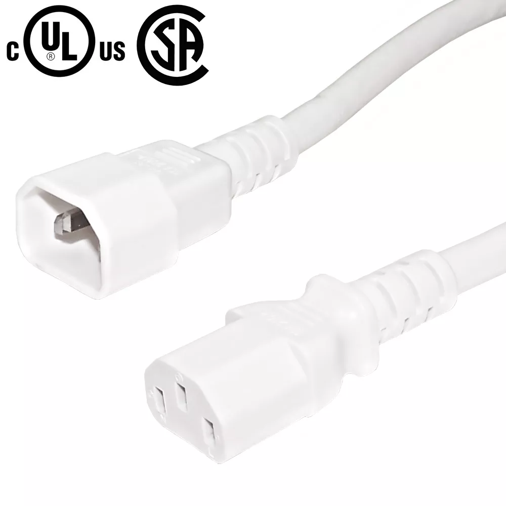 IEC C13 to IEC C14 Power Cable- SJT Jacket - 14 awg (15A 250V) - 1 ft - White
