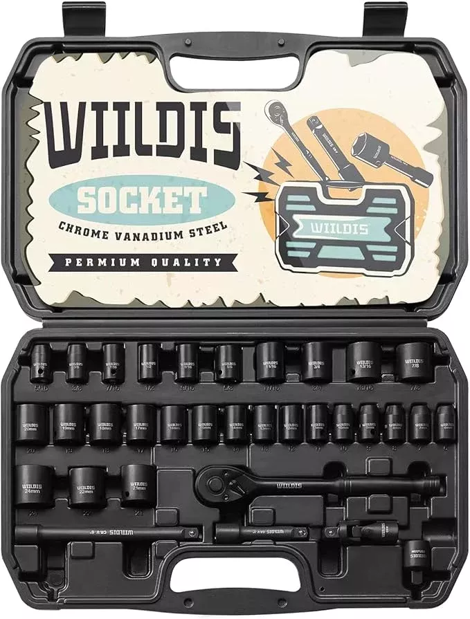 Impact Socket Set, 33-Piece, 3/8" Drive Socket Set with 72 Teeth Reversible Ratchet Wrench, CR-V, 6 Point, SAE/Metric, 5/16 Inch - 7/8 Inch, 6mm - 24mm, Mechanic Tool Kits for Men