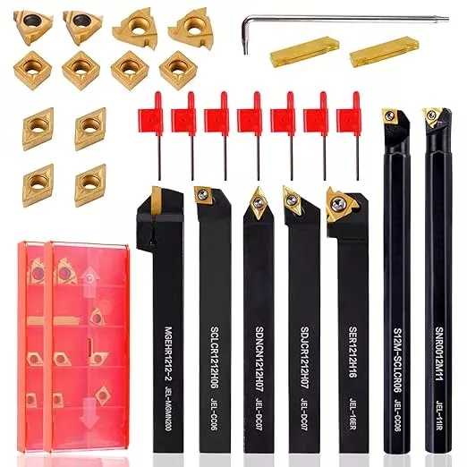 Indexable Lathe Turning Tool 21Pcs Kit 1/2" (12mm) Shank, Includes 7Pcs Metal Lathe Tool Holders and 14Pcs Carbide Inserts for Turning Boring Grooving Cutting Threading Carbide Turning Tool