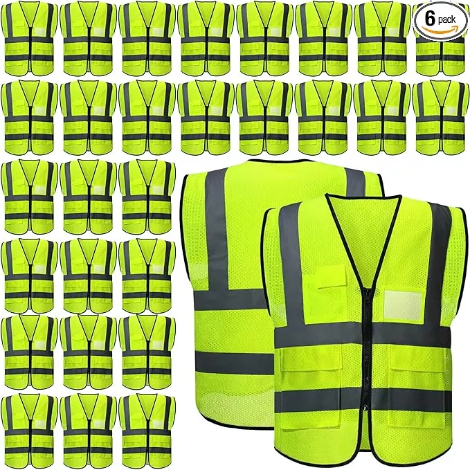 JaGely 6 Pack Reflective Safety Vests with Pockets, High Visibility Mesh Construction Vest for Men Women, Neon Yellow, Size L