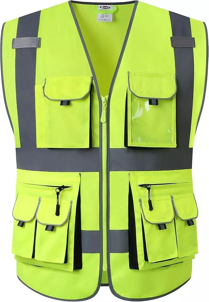 JKSafety 10 Pocket Class 2 High Visibility Zipper Front Yellow Safety Vest with High Reflective Strips - Meets ANSI/ISEA Standards (Large)
