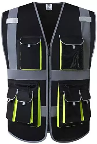 JKSafety 10 Pockets Black Color Safety Vest Zipper Front with High Reflective Strips Meets ANSI/ISEA Standards (88-Black, X-Large)