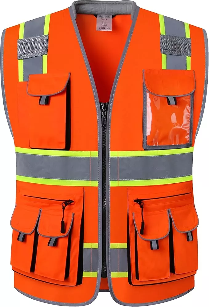 JKSafety 10 Pockets Class 2 Hi-Vis Zipper Front Safety Vest | Cushioned Collar | High Reflective Tapes with Extended Neon Orange Strips | Meets ANSI/ISEA Standards (3X-Large, 89-Yellow)