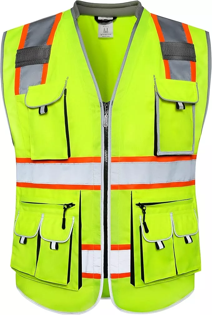 JKSafety 10 Pockets Class 2 Hi-Vis Zipper Front Yellow Safety Vest | Cushioned Collar | High Reflective Tapes with Extended Neon Orange Strips | Meets ANSI/ISEA Standards (XX-Large, 89-Yellow)