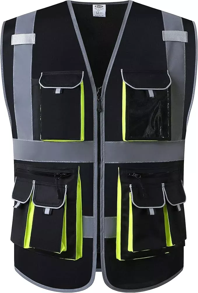 JKSafety 10 Pockets High Visibility Zipper Front Black Safety Vest with High Reflective Strips Meets ANSI/ISEA Standards (Medium, 88-Black)