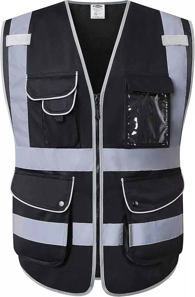 JKSafety 9 Multi-Functional Pockets Zipper Front Safety Vest With Reflective Strips Meet ANSI/ISEA Standards (150-Black, Large)