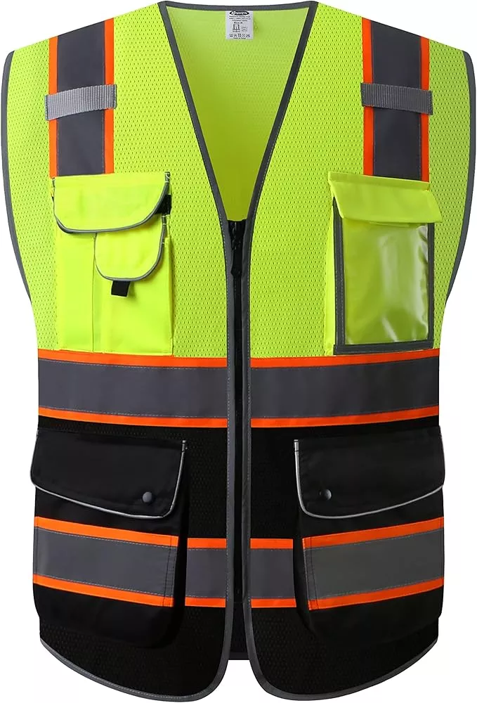JKSafety 9 Pockets Class 2 High Visibility Dual Color Zipper Front MESH Lite Safety Vest | Yellow Color Triming Reflective Strip | ANSI/ISEA Standards (100-Orange-Black,3XL)