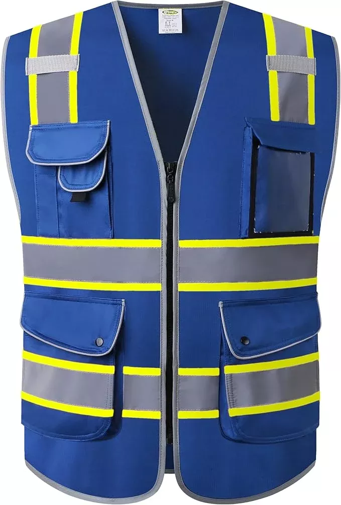 JKSafety 9 Pockets Hi-Vis Safety Vest High Visibility Reflecitive Safety Vests for Men and Women Work Utility PPE Work Gear ANSI/ISEA compliant (902-Blue 5XL)