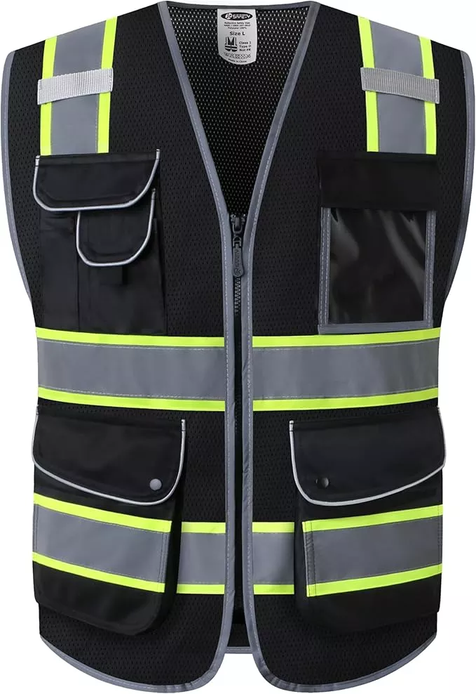 JKSafety 9 Pockets High Visibility Zipper Front MESH Black Safety Vest | Black with Dual Tone High Reflective Strips | ANSI/ISEA Standards (100-Black, XL)