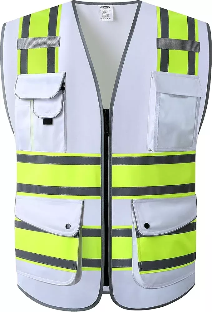 JKSafety 9 Pockets High Visibility Zipper Front Safety Vest | White with Dual Tone High Reflective Strips | Meets ANSI/ISEA Standards (901-White, Medium)