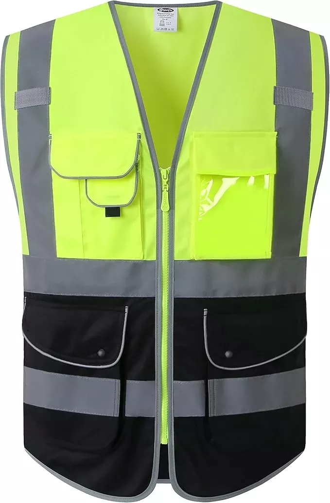 JKSafety 9 Pockets High Visible Reflective Safety Vest Zipper Front Breathable Lining, Yellow-Black Meets ANSI/ISEA Standards(150-Yellow-Black XL