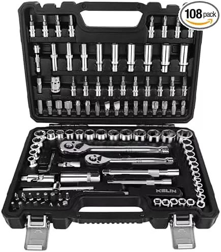 KELIN Socket Wrench Set 108 Pcs,1/4-Inch and 3/8-Inch Drive Socket Set with 72 Tooth Reversible Ratchets, Metric Bit Socket Set and Extension Bar for Auto Repairing and Home Use