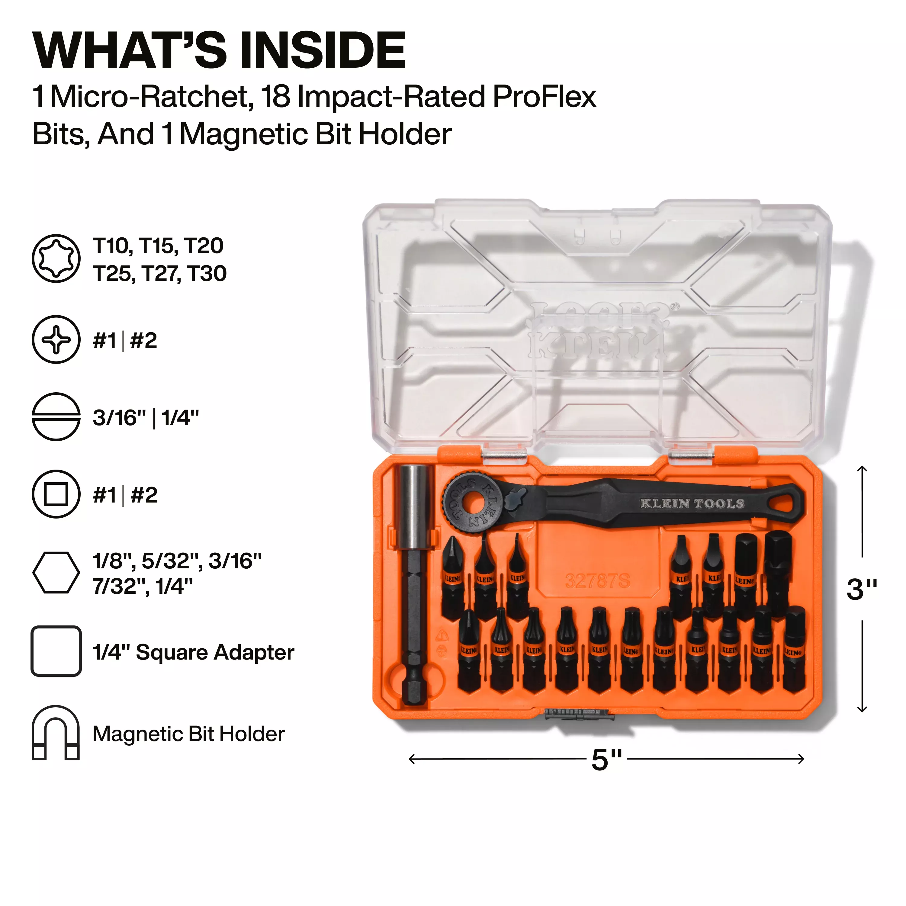 Klein 32787S Proflex Micro Ratchet Impact Bit Set, 20-Piece