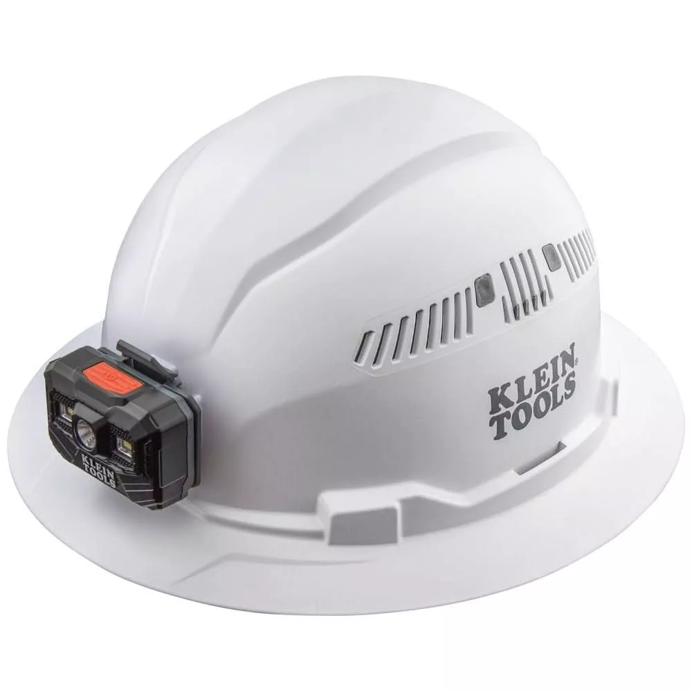 Klein 60407RL Hard Hat, Vented, Full Brim with Rechargeable Headlamp, White