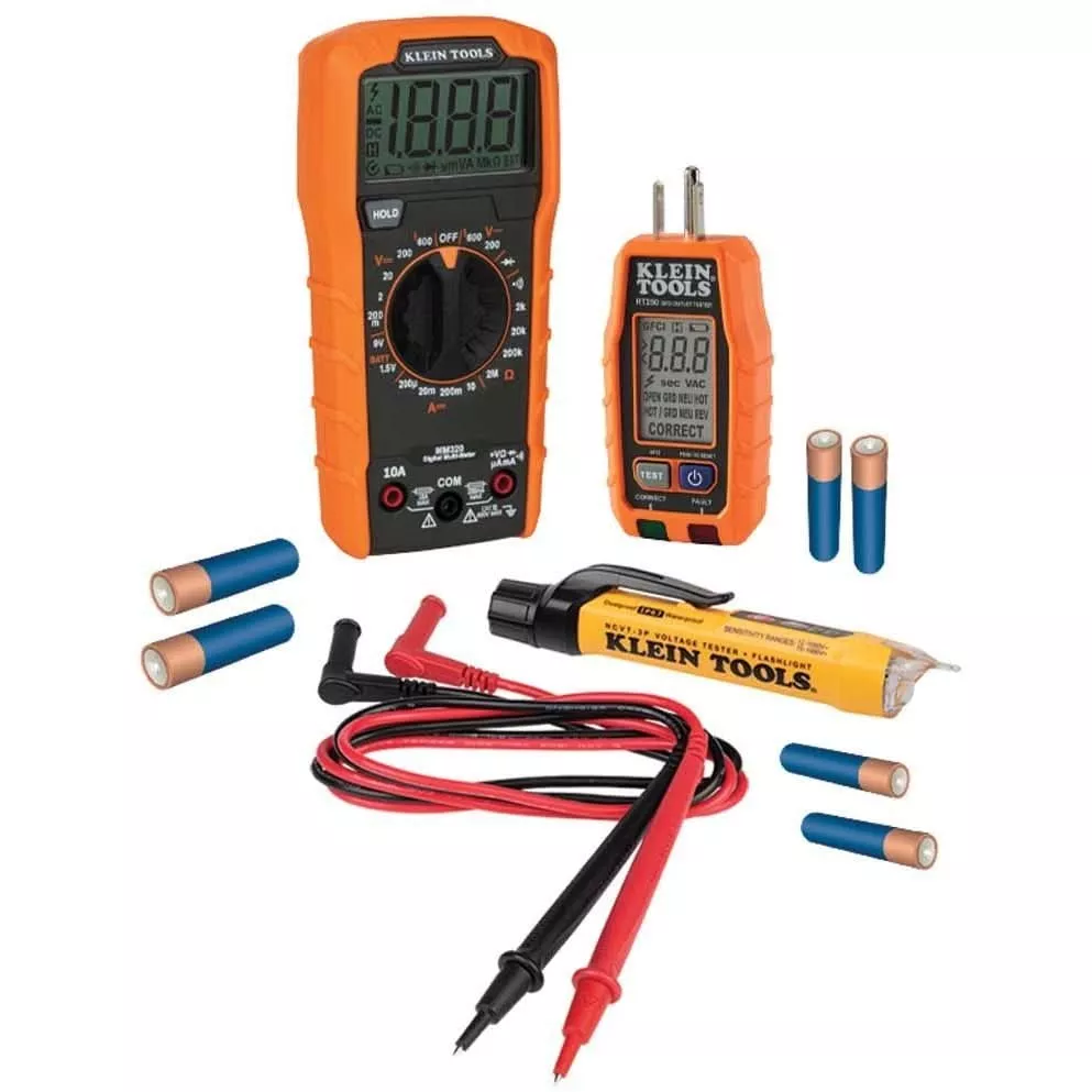 Klein 69355 Premium Electrical Kit Includes MM320-Digital Multimeter, NCVT3P-Voltage Tester, RT250-Receptable Tester