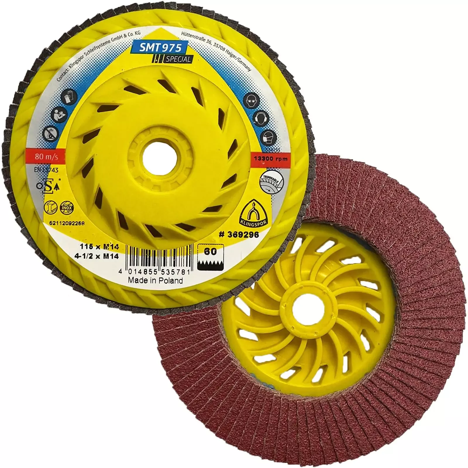 Klingspor Flap Disc Abrasive Mop Ceramic 115mm M14 Thread Trimmable Backing Plate SMT975