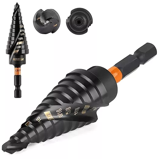 KSEIBI 12 Steps 3/16-7/8 inch SAE Standard Industrial Grade Step Drill Bit Ready Impact 1/4 inch Shank, 575078 High-Speed Steel Metal Drill Bits Black Oxide M2 Material