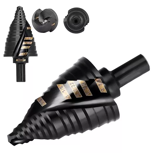 KSEIBI 5 Steps 7/8-1-3/8 inch SAE Standard Industrial Grade Step Drill Bit 3 Flat Shank, 575082 High-Speed Steel Metal Drill Bits Black Oxide M2 Material