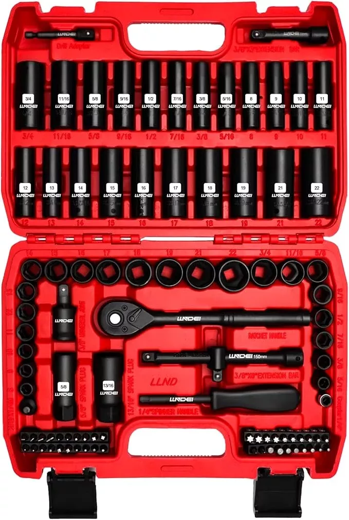 LLNDEI 3/8”Drive Impact Socket Set,Standard SAE(5/16 to 3/4-Inch) Metric Size(8-22mm), 95 Piece, CR-V Steel Deep&Shallow Kit, Adapters, Ratchet Handle, Screwdriver Bit Set, Spark Plug Socket, 6 Point