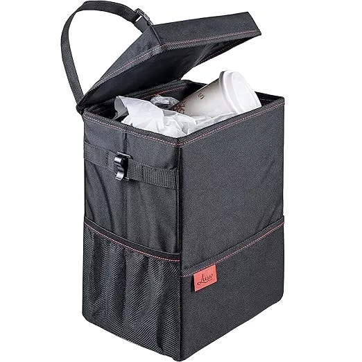 Lusso Gear Car Trash Can with Lid and Removeable Liner, Hanging Car Trash Bag with Hooks, Waterproof Fabric Car Garbage Bin, Automotive Travel, Trashcan car Accessories, for Truck Van and SUV (Red)