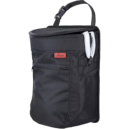 Lusso Gear Spill-Proof Car Trash Can - 2.5-Gallon Black Round - Leak-Proof Lid & Waterproof Removable Liner - Hanging Car Trash Bin & Organizer for SUV, Truck & Minivan