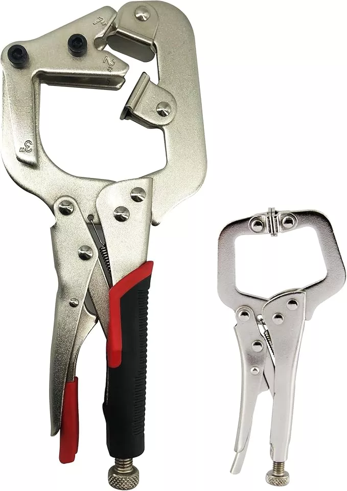 MacWork 10-Inch Welding Pipe Plier Clamp, Fast Release, C-Clamp Locking with Large V-Pads, with 5-Inch Mini C-Clamp Locking Plier