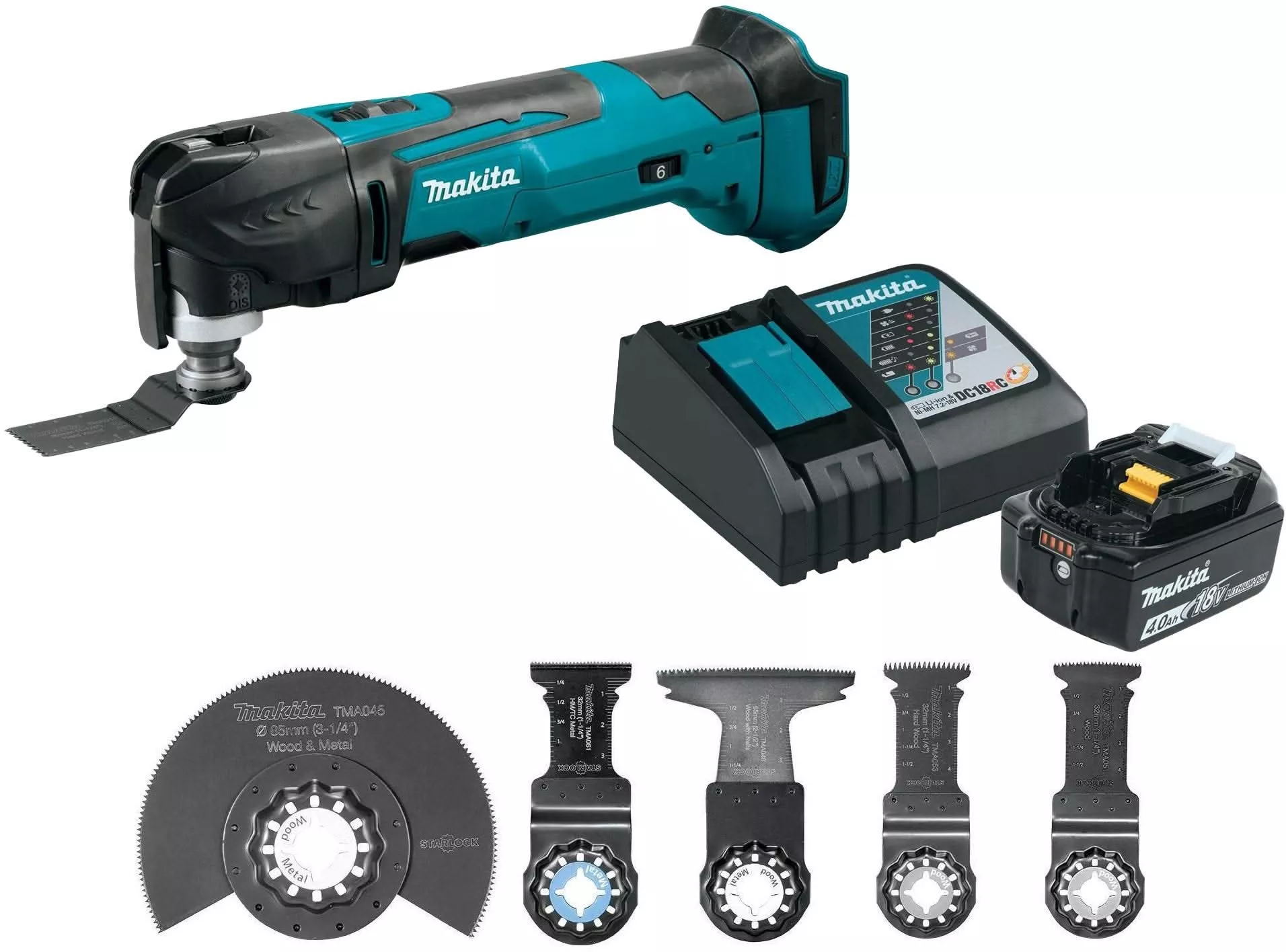 Makita XMT03Z 18V LXT Cordless Multi-Tool 4.0Ah Battery and Charger Starter Kit With 5-Piece Starlock Oscillating Blade Set