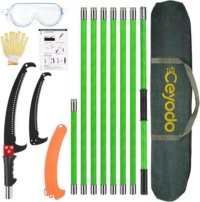 Manual Pole Saw 27ft Extendable Tree Pruner Manual Branches Trimmer Tree Branch Garden Tools Loppers Hand Pole Saws with Lightweight 8 Fiberglass Handles, for Pruning Palms and Shrubs