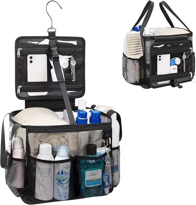 Mesh Shower Caddy Portable, Quick Dry Hanging Toiletry Bag for College Dorm Essentials with 4 Pockets/Divider/Plastic Bottom, Travel Tote Bag for Camping, Bathroom, Beach, Swimming, Gym