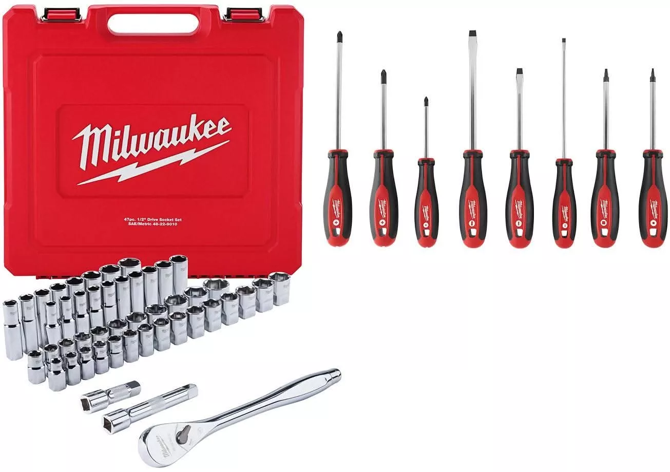 Milwaukee 48-22-9010 1/2" Drive 47-Piece SAE/Metric Ratchet And Socket Set with8-Piece Screwdriver Kit w/ Square