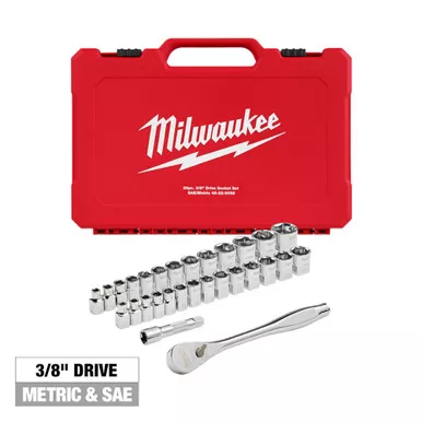 Milwaukee 48-22-9088 29pc 3/8" Drive Metric & SAE Ratchet and Socket Set with Four Flat Sides