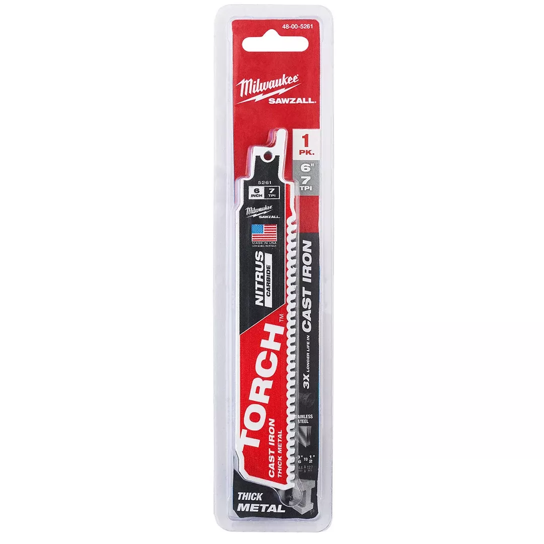 Milwaukee 6" 7 TPI NITRUS Carbide CAST IRON Torch Sawzall Blade (Each) 48-00-5261