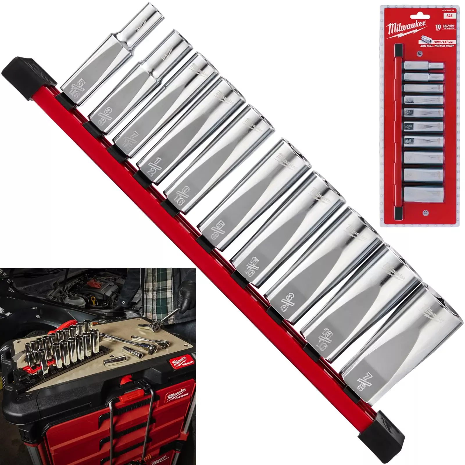 Milwaukee Chrome Socket Set Deep on Socket Rail 3/8" Drive SAE Imperial 5/16"-7/8