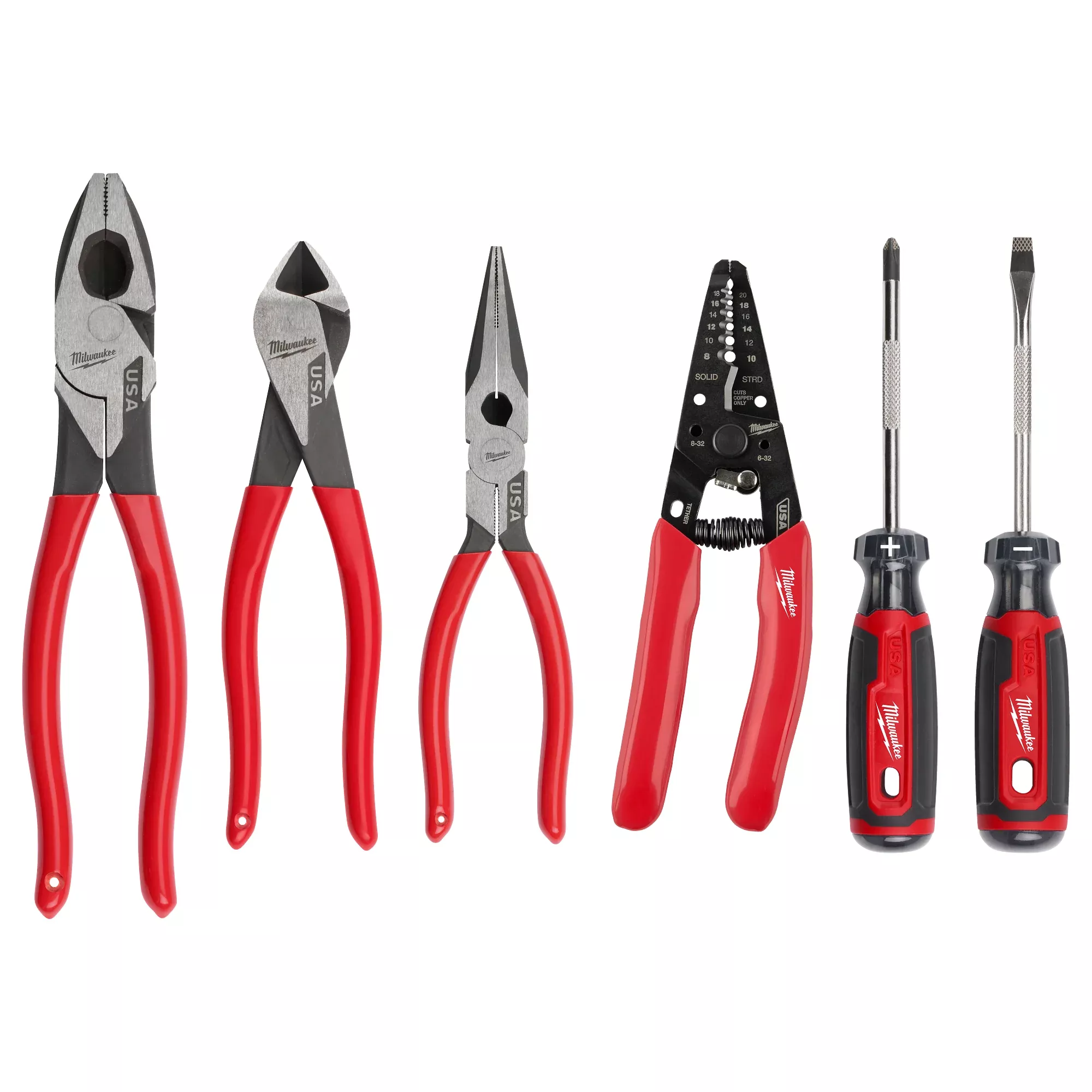 Milwaukee MT500-6 6 PC. Dipped Grip Cutting Pliers, Wire Stripper, & Cushion Grip Screwdrivers Set (USA)