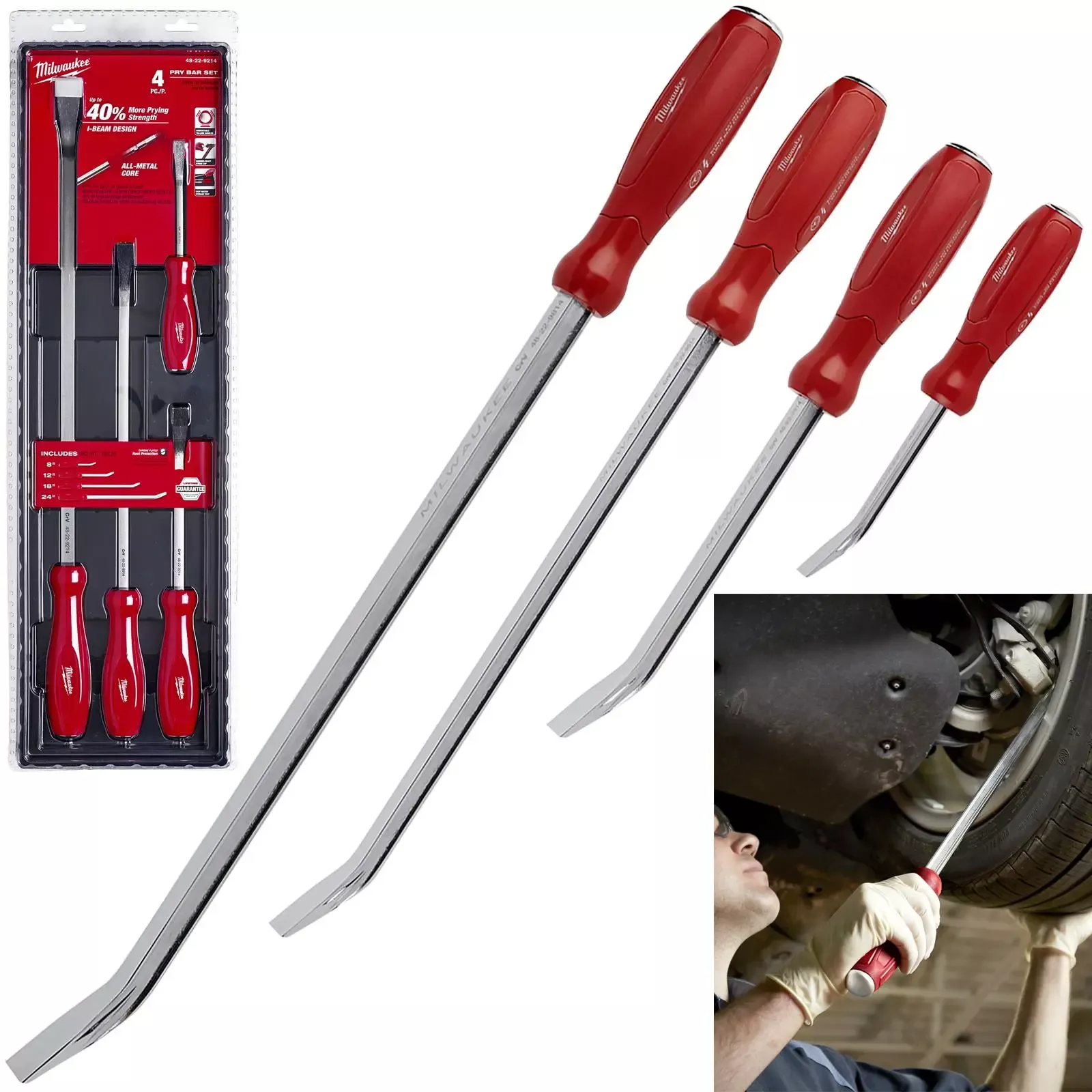 Milwaukee Pry Bar Set 4 Piece 200mm-600mm Hammer-Ready Strike Cap Tri-Lobe