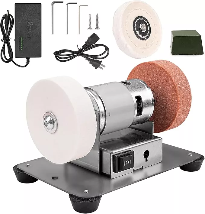 Mini Bench Grinder with 3 Wheels, Electric Multi-Purpose Grinding Machine for Metal, Wood, Knife Making, Jewelry Buffing, 6.3 x 3.5 inch Base
