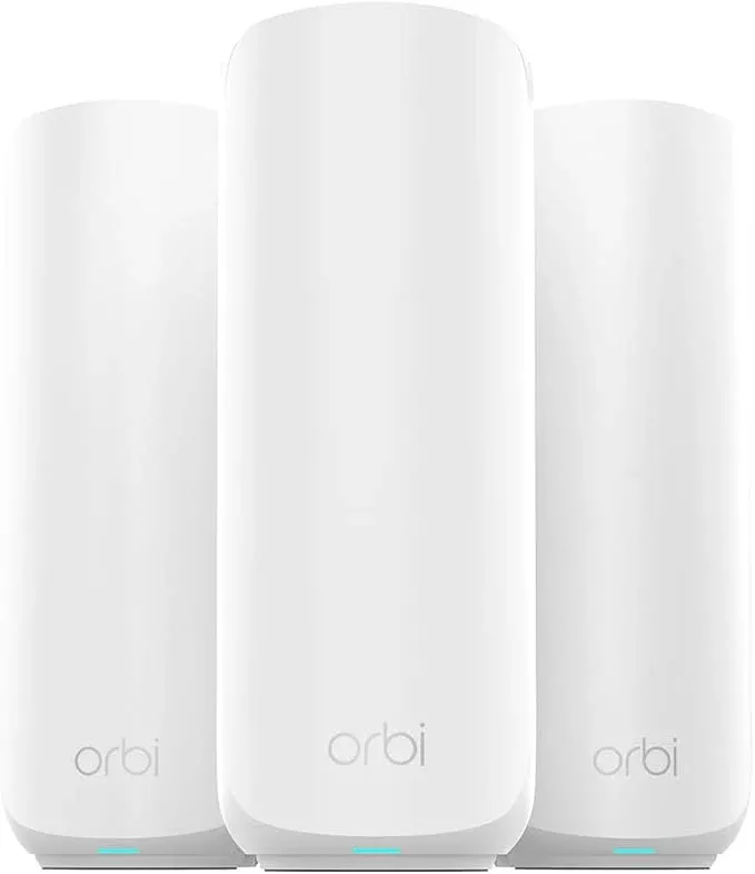 NETGEAR Orbi 370 Series Dual-Band WiFi 7 Mesh Network System for Home (RBE373) – Wireless Router + 2 Extenders, Security Features, 5 Gbps, Covers 6,000 sq.ft., 70 Devices, 2.5GB Internet Port, BE5000