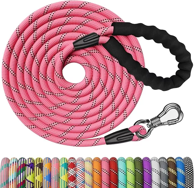 NTR Long Leash for Dog Training, 15FT Pink Dog Leashes for Large Breed with Swivel Lockable Hook and Padded Handle,Reflective Dog Check Cord for Walking,Hunting,Camping for Small Medium and Large Dog