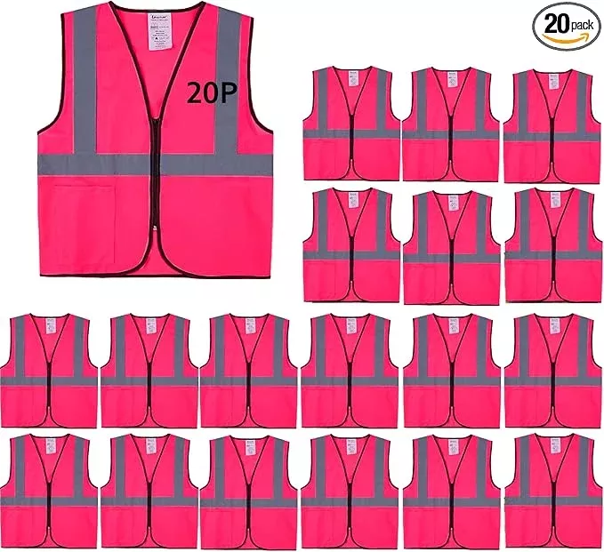 Pink Safety Vests 20 Pack - Reflective High Visibility Construction ANSI Class 2 Work Vests for Men,Woman with Zipper,Hi Vis Mesh and Neon Silver