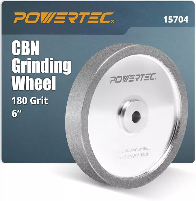 POWERTEC CBN Grinding Wheel 6 Inch 180 Grit, 1" Wide, 1/2" Arbor – Bench Grinder Sharpening Wheel for HSS Tools, Lathe Chisels, and Woodturning Tools (15704)