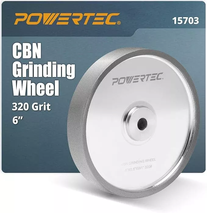 POWERTEC CBN Grinding Wheel 6 Inch 320 Grit, 1" Wide, 1/2" Arbor – Bench Grinder Sharpening Wheel for HSS Tools, Lathe Chisels, and Woodturning Tools (15703)