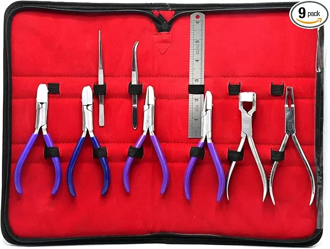 Premium 9 Eyeglass Optical Optician Tools Pliers Bent Nose Rimless W/TWEEZER, Stainless Steel